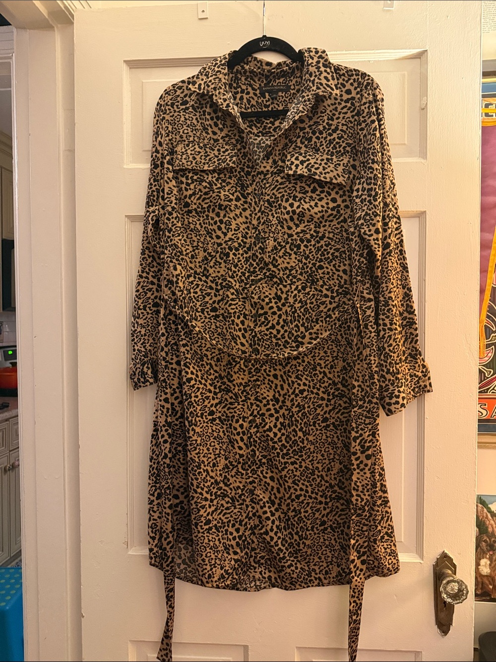 Banana Republic Leopard Print Long Sleeve Shirt Dress in Tan and Black